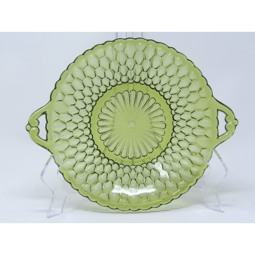 Vintage Indiana Glass Avocado Green Honeycomb 2 Handled Relish Dish Bowl Tray  9